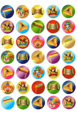 STICKER: ASSORTED PURIM SYMBOLS ROUND 3/4 “ , 35 STICKERS -10 SHEETS