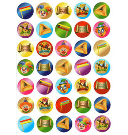 STICKER: ASSORTED PURIM SYMBOLS ROUND 3/4 “ , 35 STICKERS -10 SHEETS