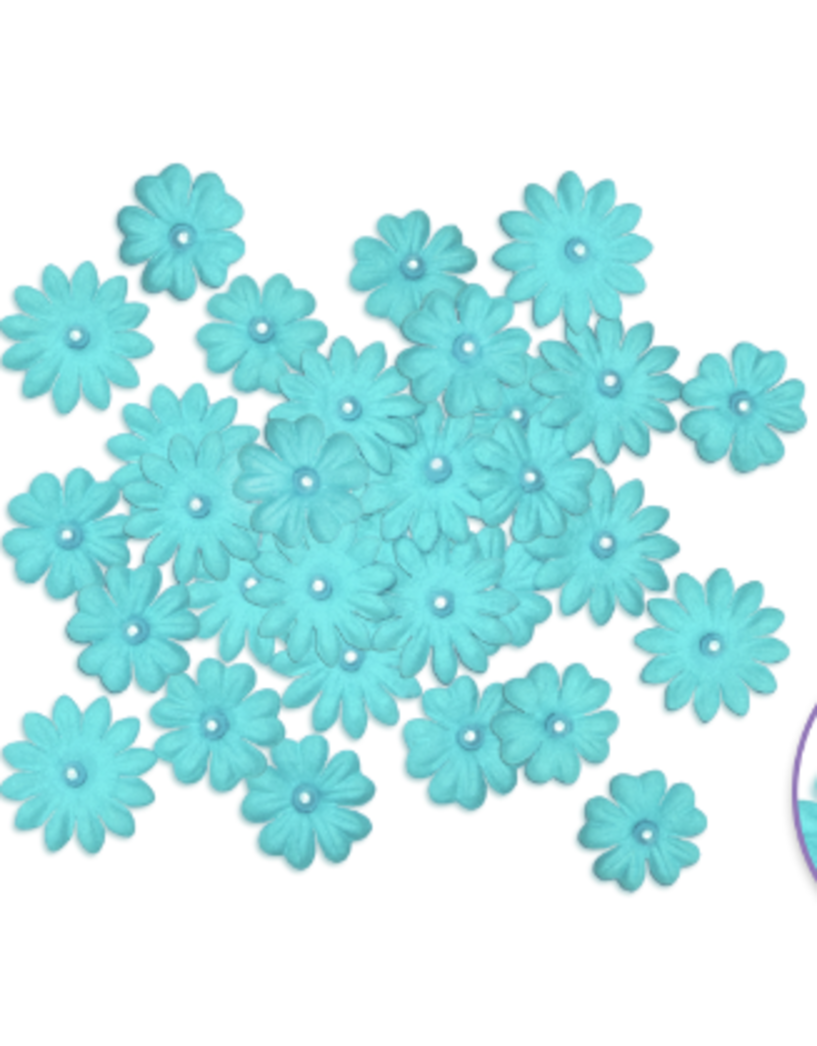 HANDMADE FLOWERS WITH PEARL CENTER BLUE 32 PC