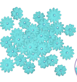HANDMADE FLOWERS WITH PEARL CENTER BLUE 32 PC