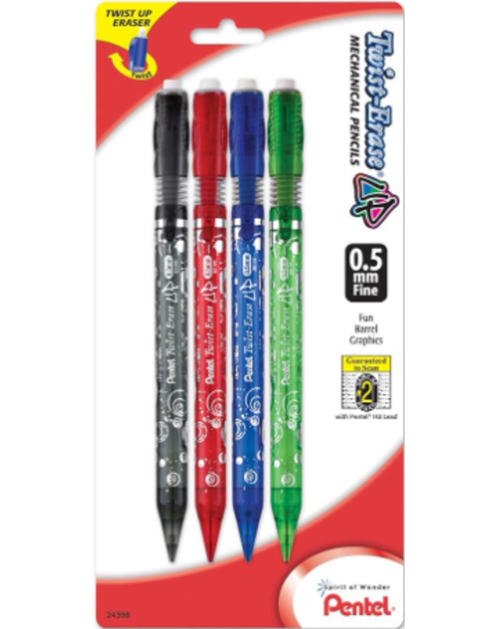 Pentel Twist-Erase Up, 0.5mm, Fine Line, Assorted Barrel Colors 4/pk