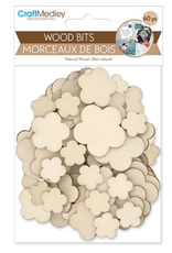 CRAFT WOOD BITS - FLOWER,  ASSORTED SIZES 60 PACK