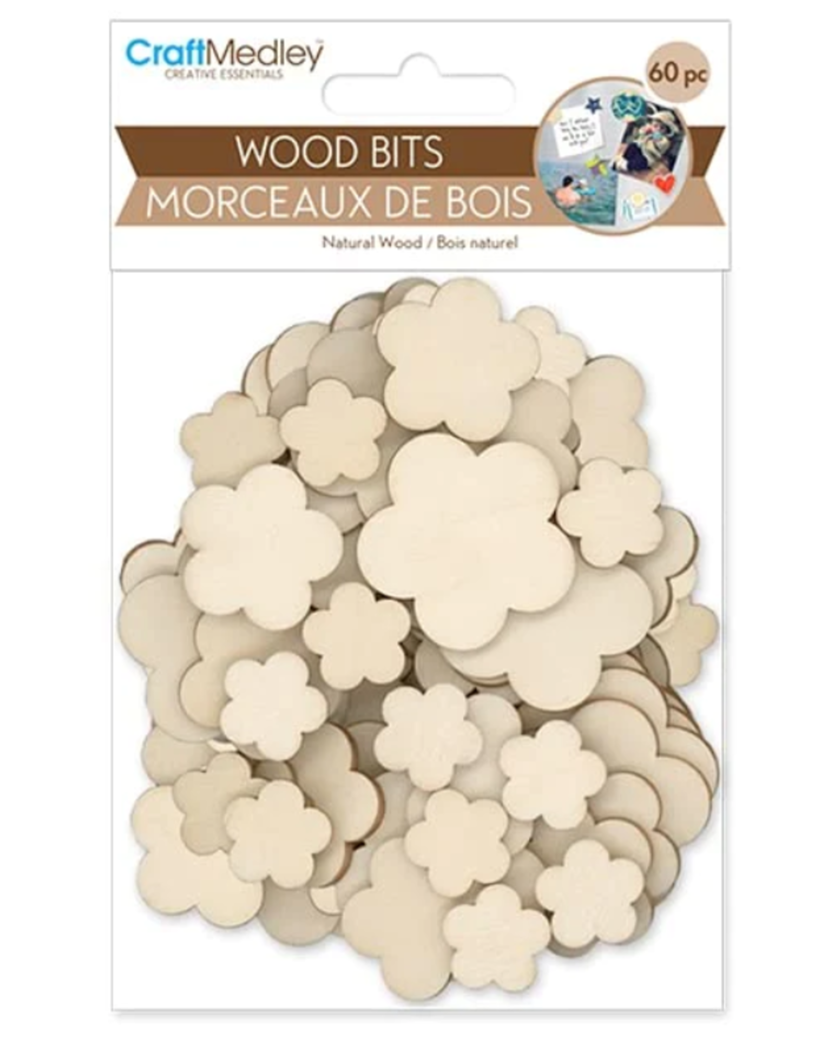 CRAFT WOOD BITS - FLOWER,  ASSORTED SIZES 60 PACK