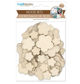 CRAFT WOOD BITS - FLOWER,  ASSORTED SIZES 60 PACK