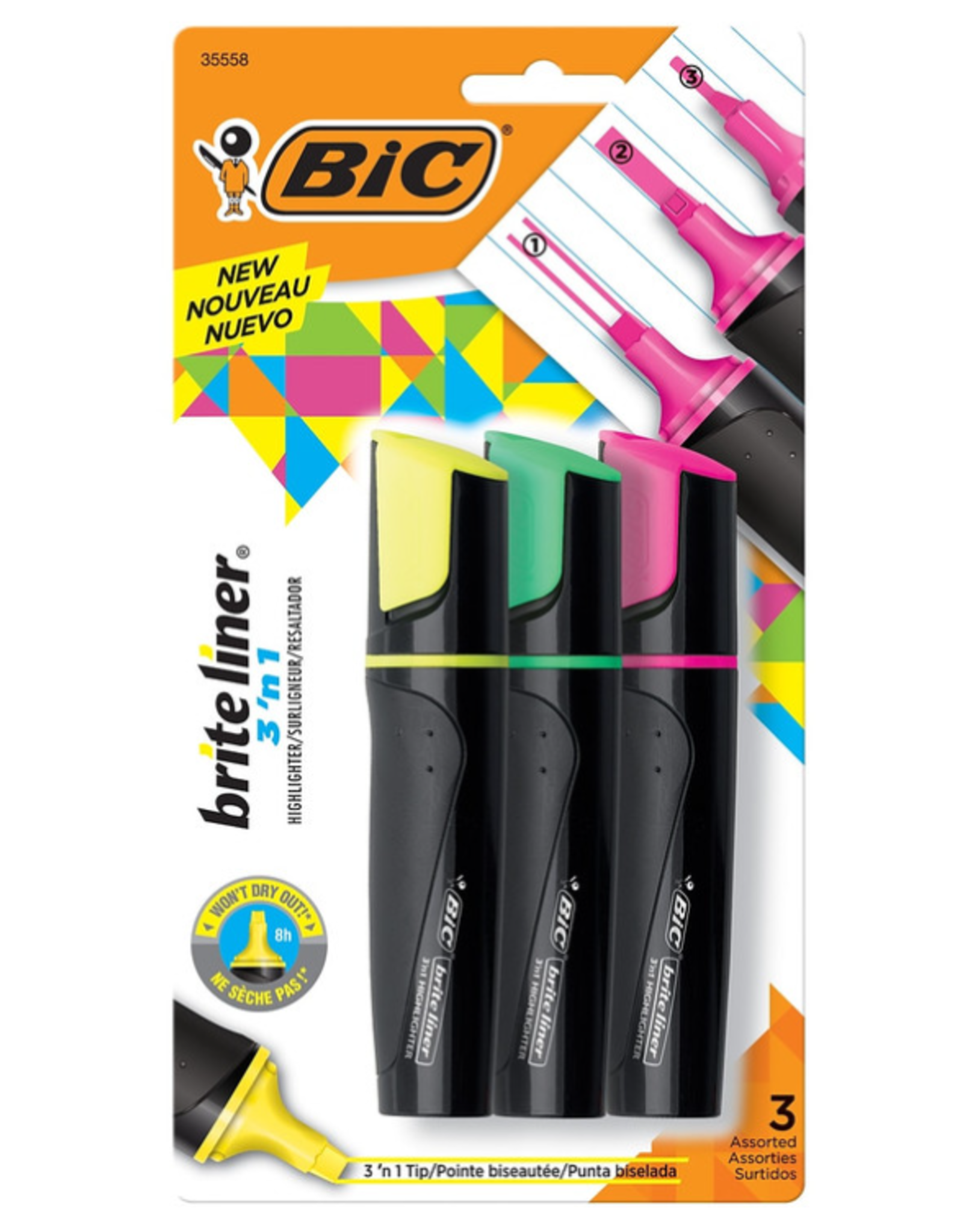 BIC BIC HIGHLIGHTER  3-IN-1 ASSORTED COLORS - 3 PACK