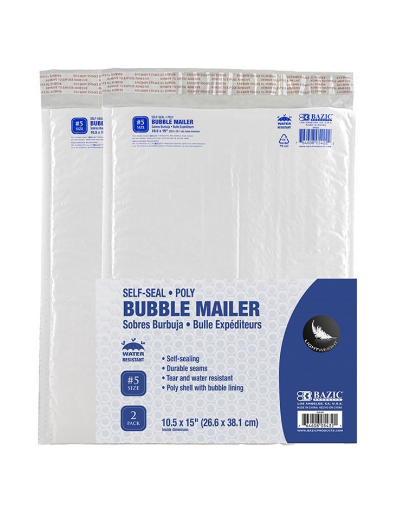 SELF-SEAL POLY -  BUBBLE MAILER  10.5x15"  2/PACK