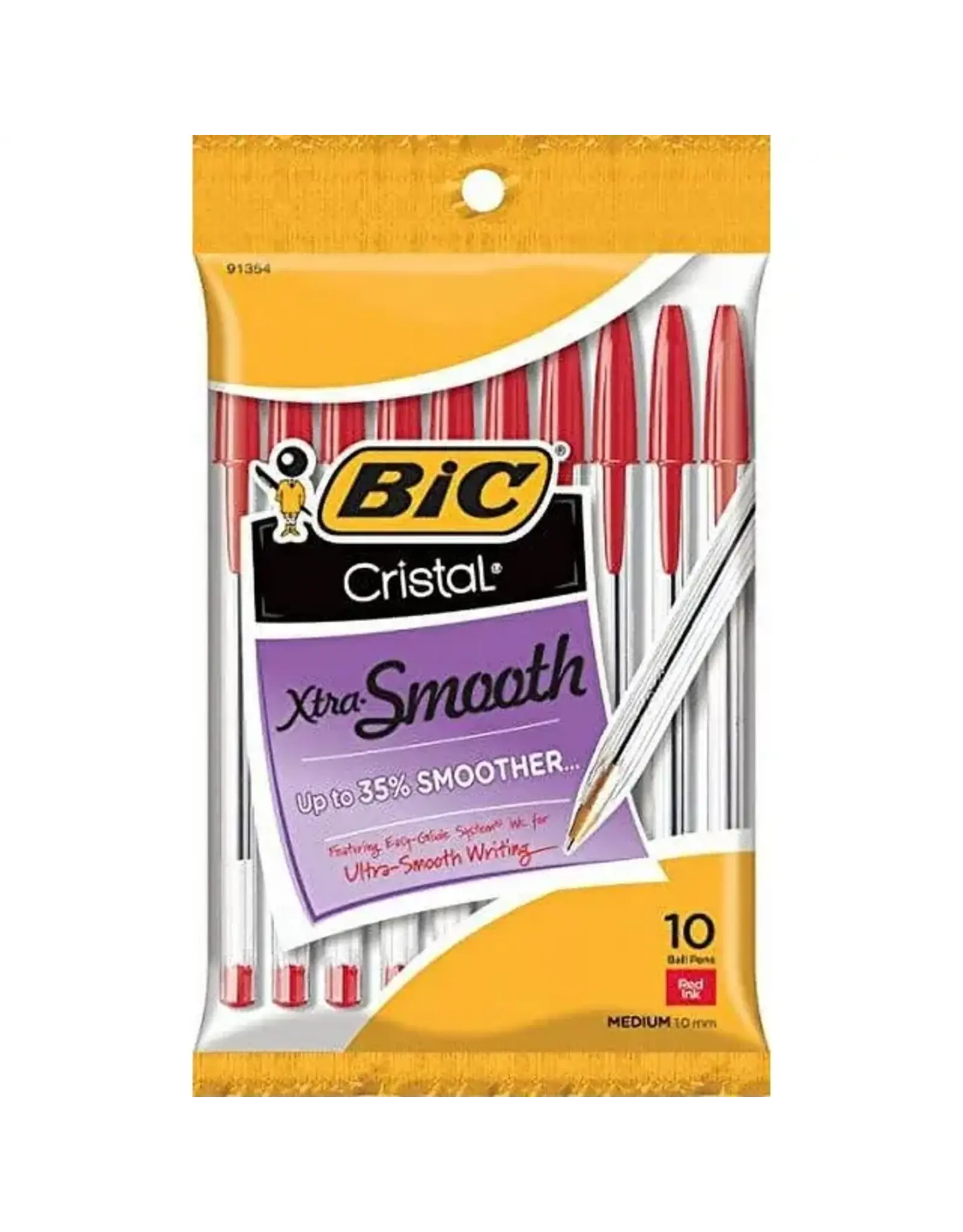 PENS - BIC CRISTAL EXTRA SMOOTH BALL POINT,  RED  - 10 PACK