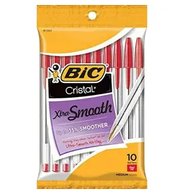 PENS - BIC CRISTAL EXTRA SMOOTH BALL POINT,  RED  - 10 PACK