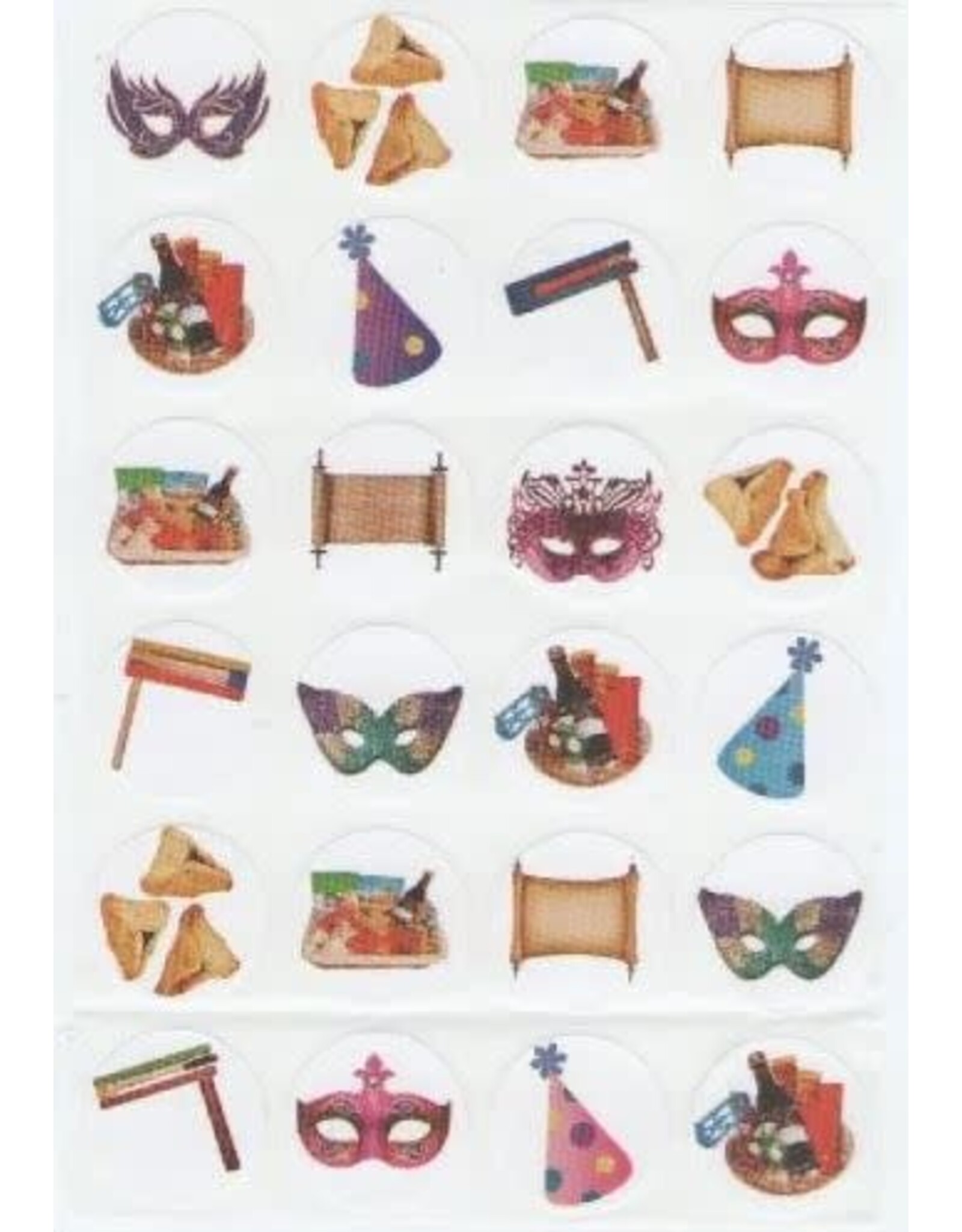 STICKERS: ASSORTED PURIM SYMBOLS ROUND 24 STICKERS, 10 SHEETS
