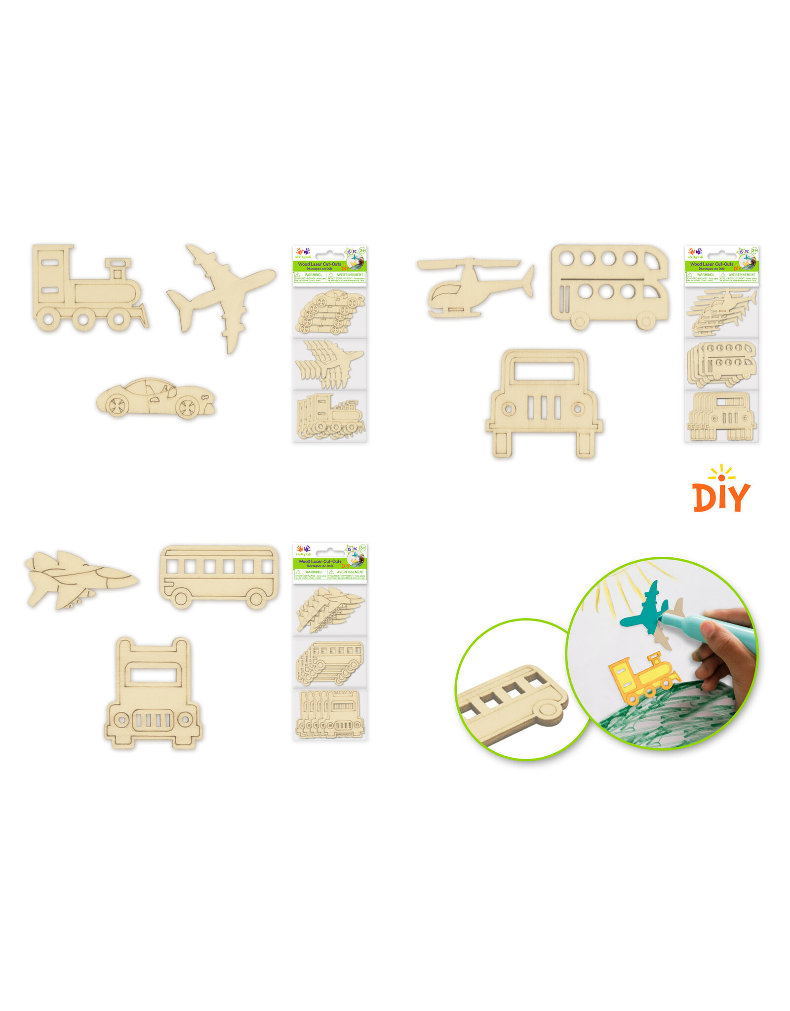 WOOD CUT OUTS TRANSPORTATION - ASSORTED STYLES 15 PACK