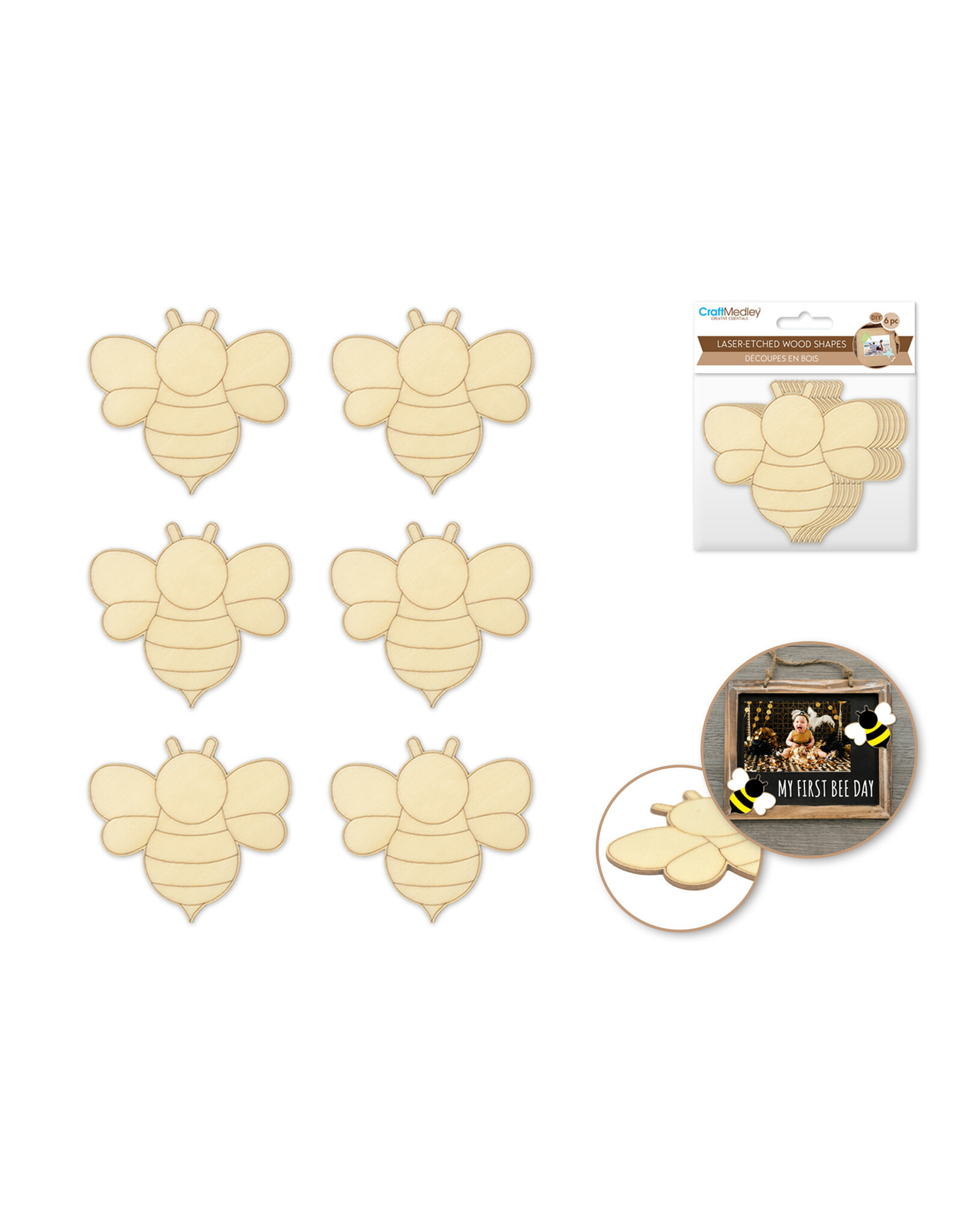 WOOD SHAPE: BEES 3" 6 PACK