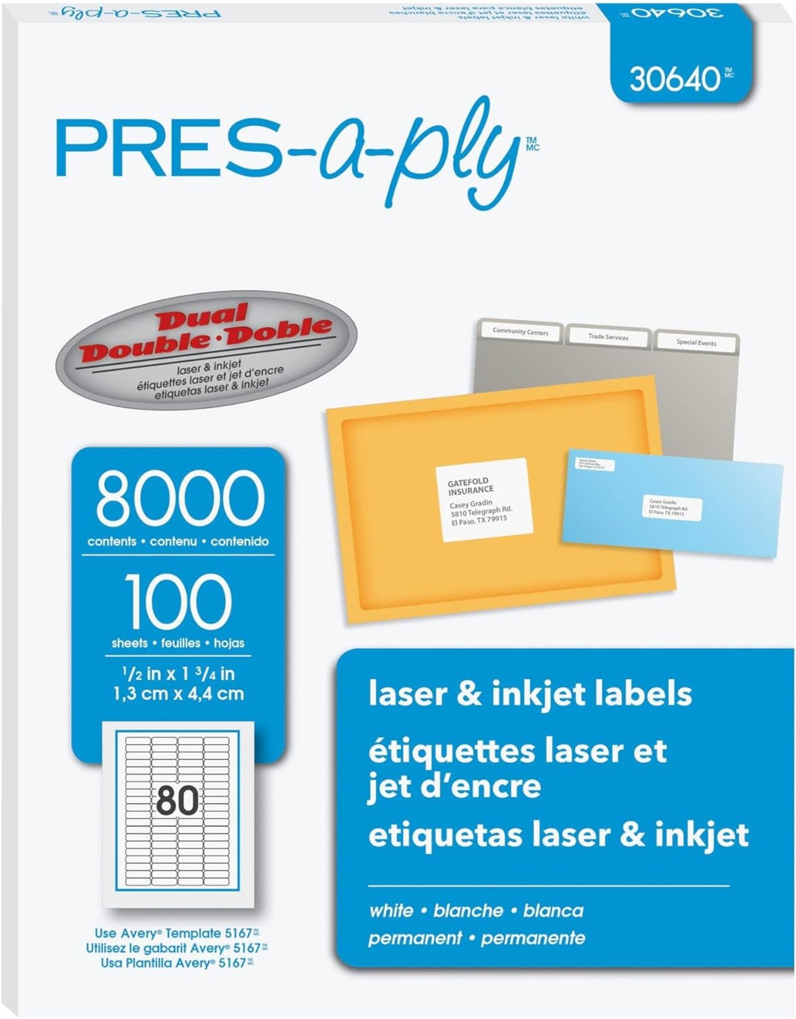 pres-a-ply WHITE MAILING LABELS - 80 PER SHEET -  100 SHEETS