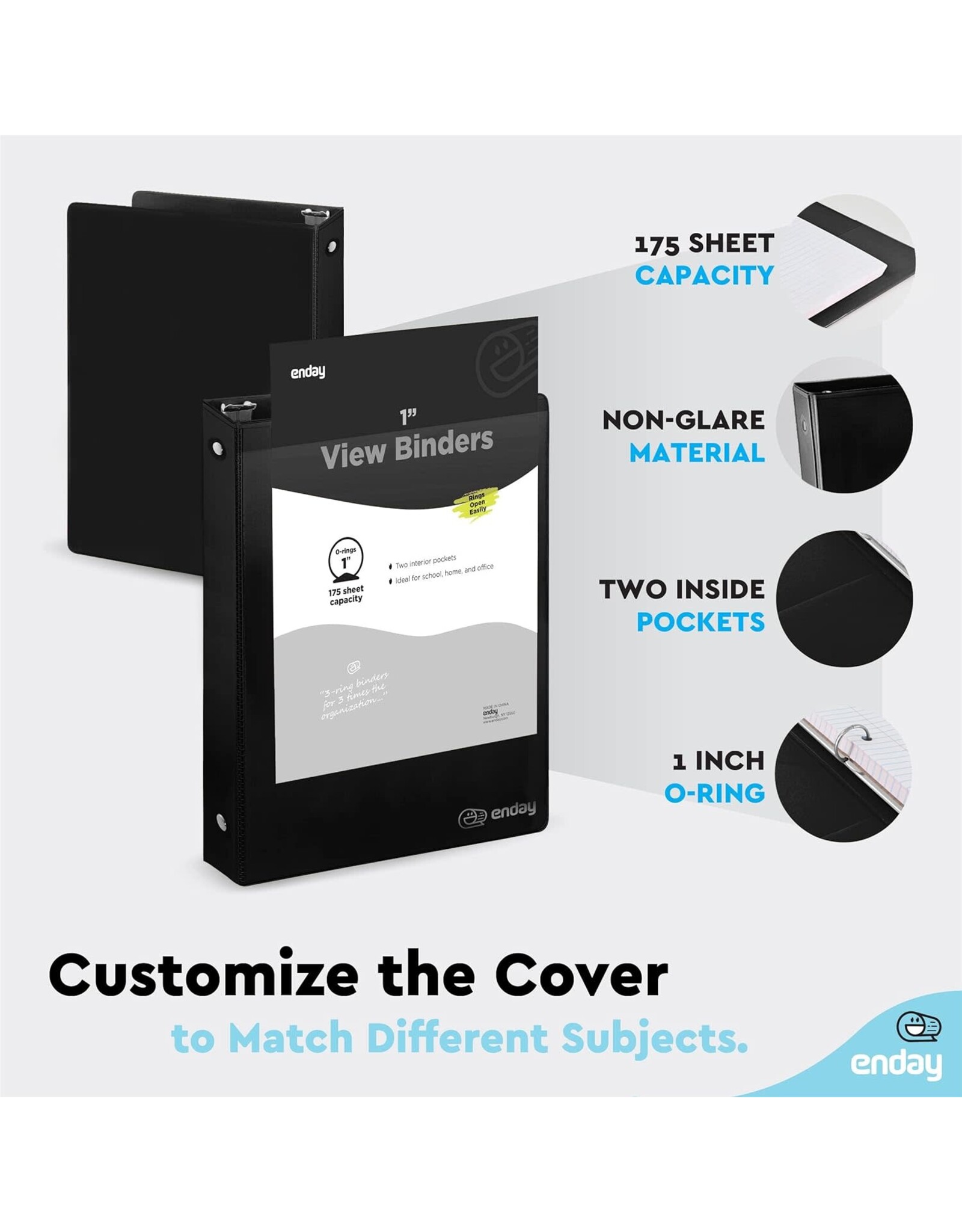VIEW BINDER: 1" O-RING WITH 2 POCKETS - BLACK