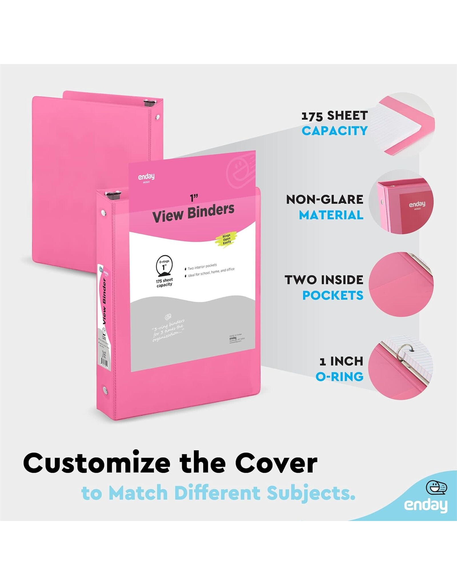 VIEW BINDER: 1" O-RING WITH 2 POCKETS - PINK