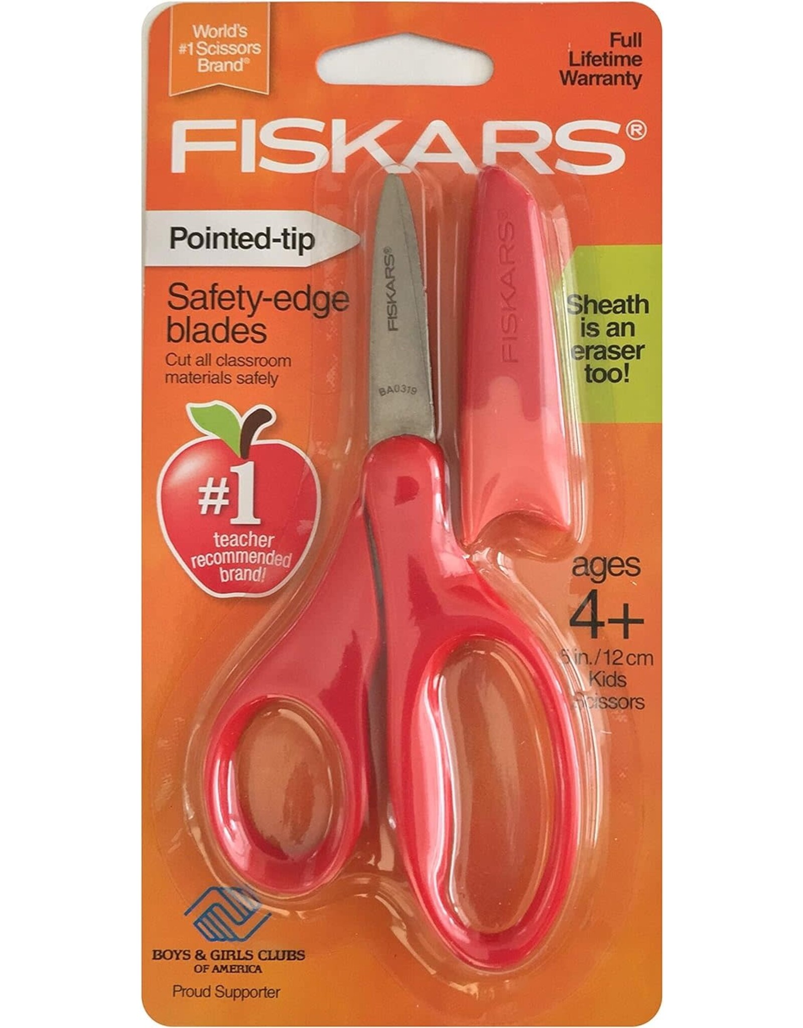 FISKARS CHILD 5" SCISSORS POINTY TIP WITH ERASER SHEATH - RED