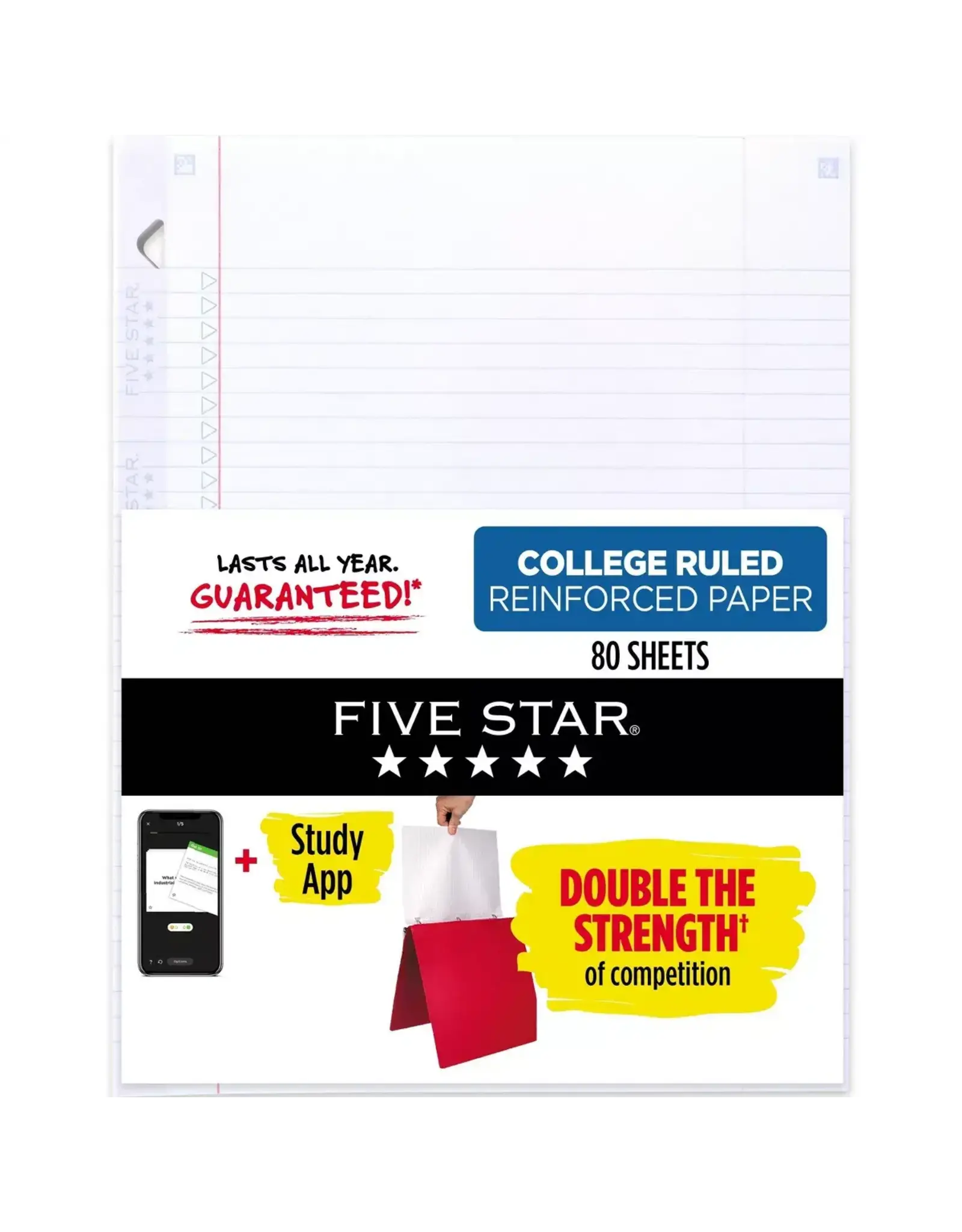 FIVE STAR REINFORCED FILLER PAPER  COLLEGE RULED 8.5"X11"  - 80 SHEETS