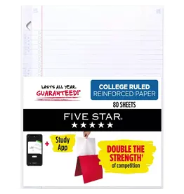 FIVE STAR REINFORCED FILLER PAPER  COLLEGE RULED 8.5"X11"  - 80 SHEETS