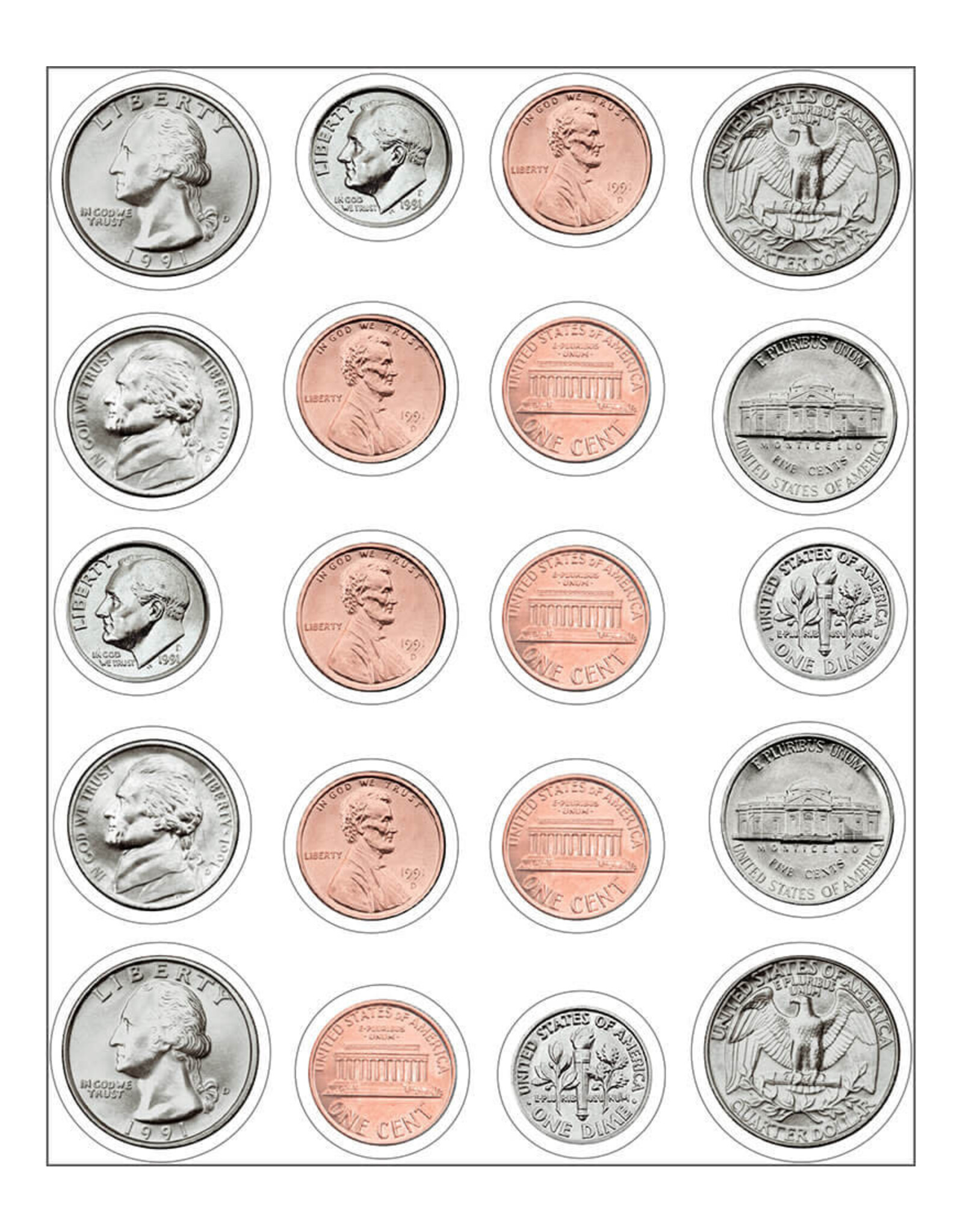 Carson-Dellosa STICKERS: SHAPE, MONEY U.S. COINS 1"X1"  - 120 PACK