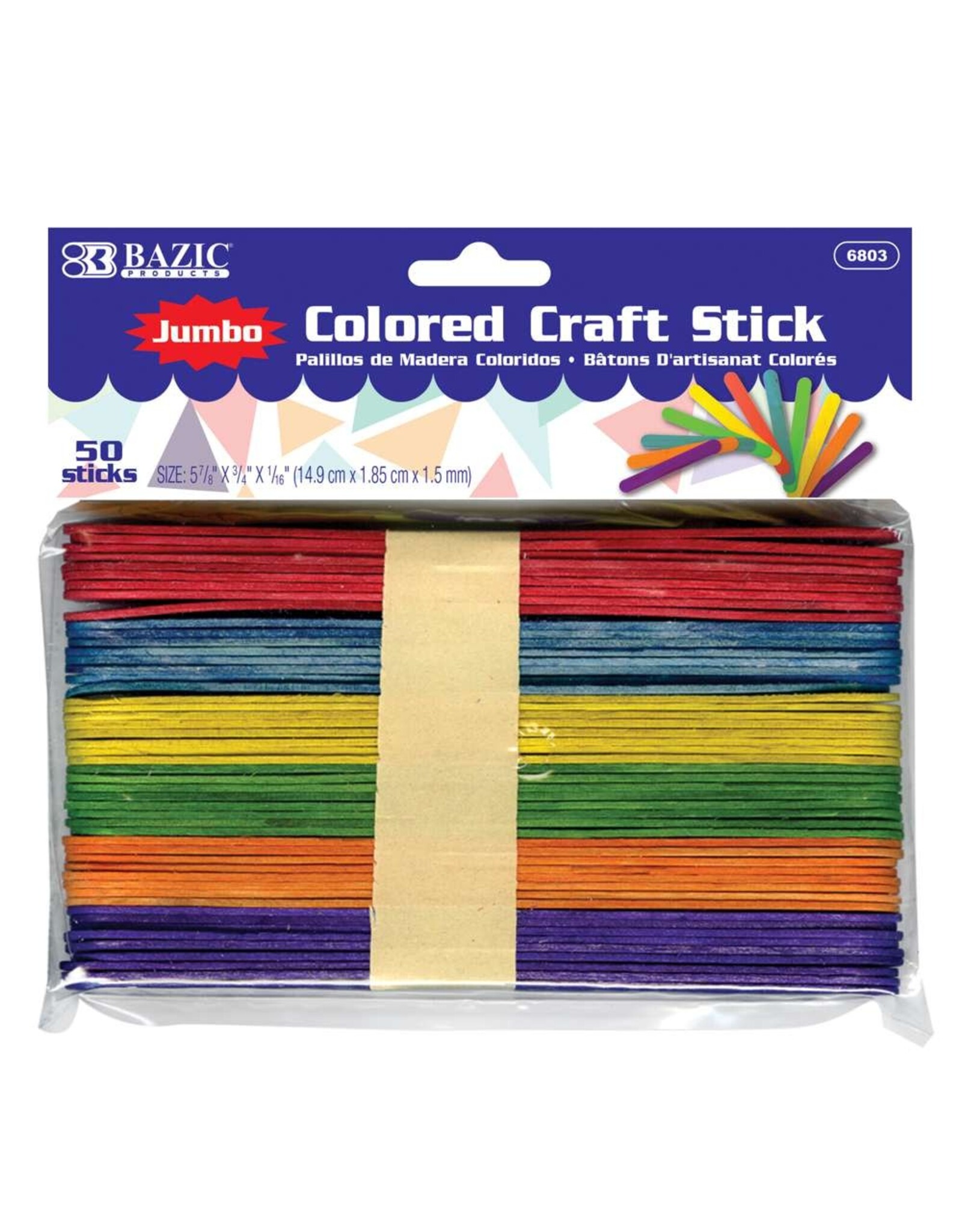CRAFT STICKS: JUMBO  6" ASSORTED COLORS - 50 PACK