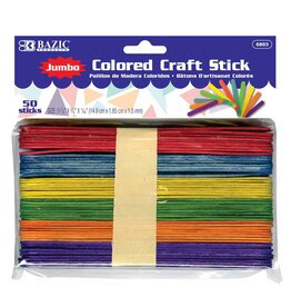 CRAFT STICKS: JUMBO  6" ASSORTED COLORS - 50 PACK