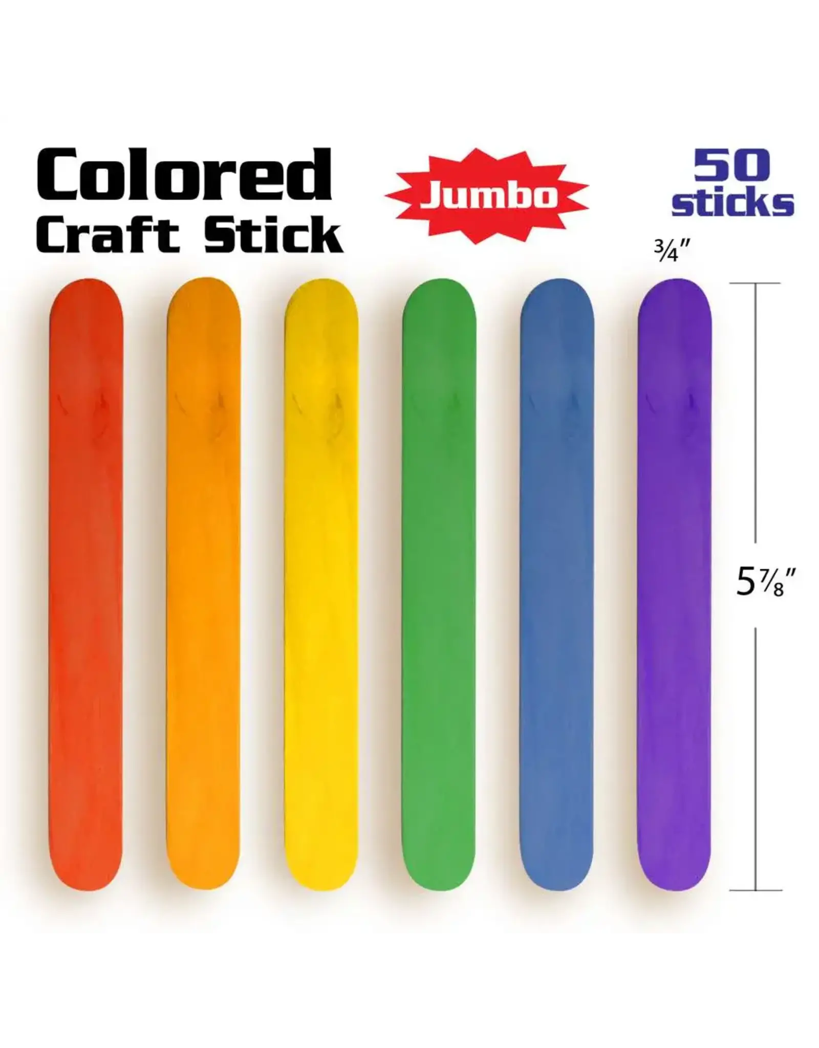 CRAFT STICKS: JUMBO  6" ASSORTED COLORS - 50 PACK