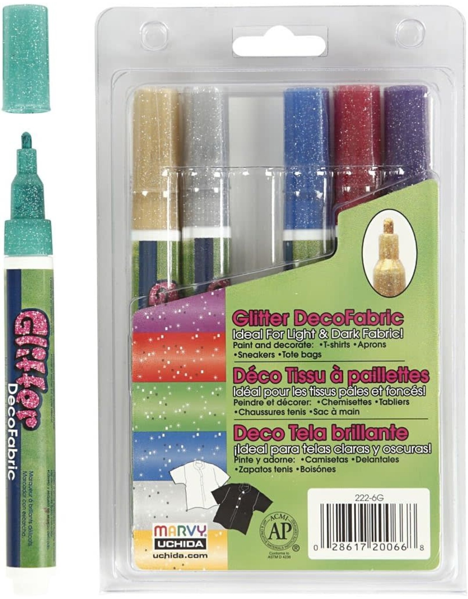 DECO-FABRIC GLITTER MARKERS ASSORTED COLORS - 6 PACK