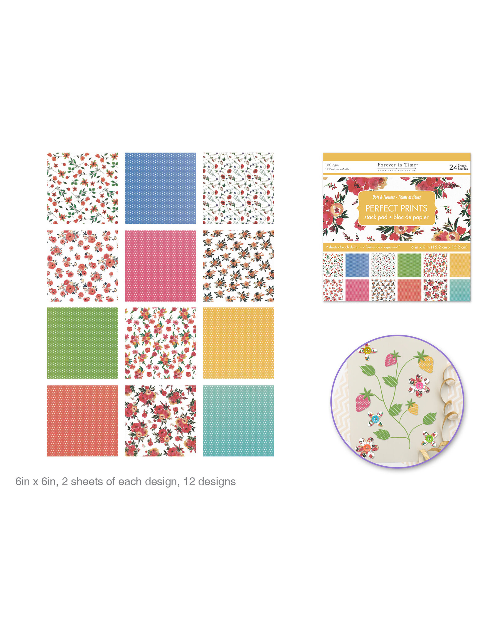 SCRAPBOOK PAPER PAD: ASSORTED FLOWER & DOTS  6"X6" -  24 PACK