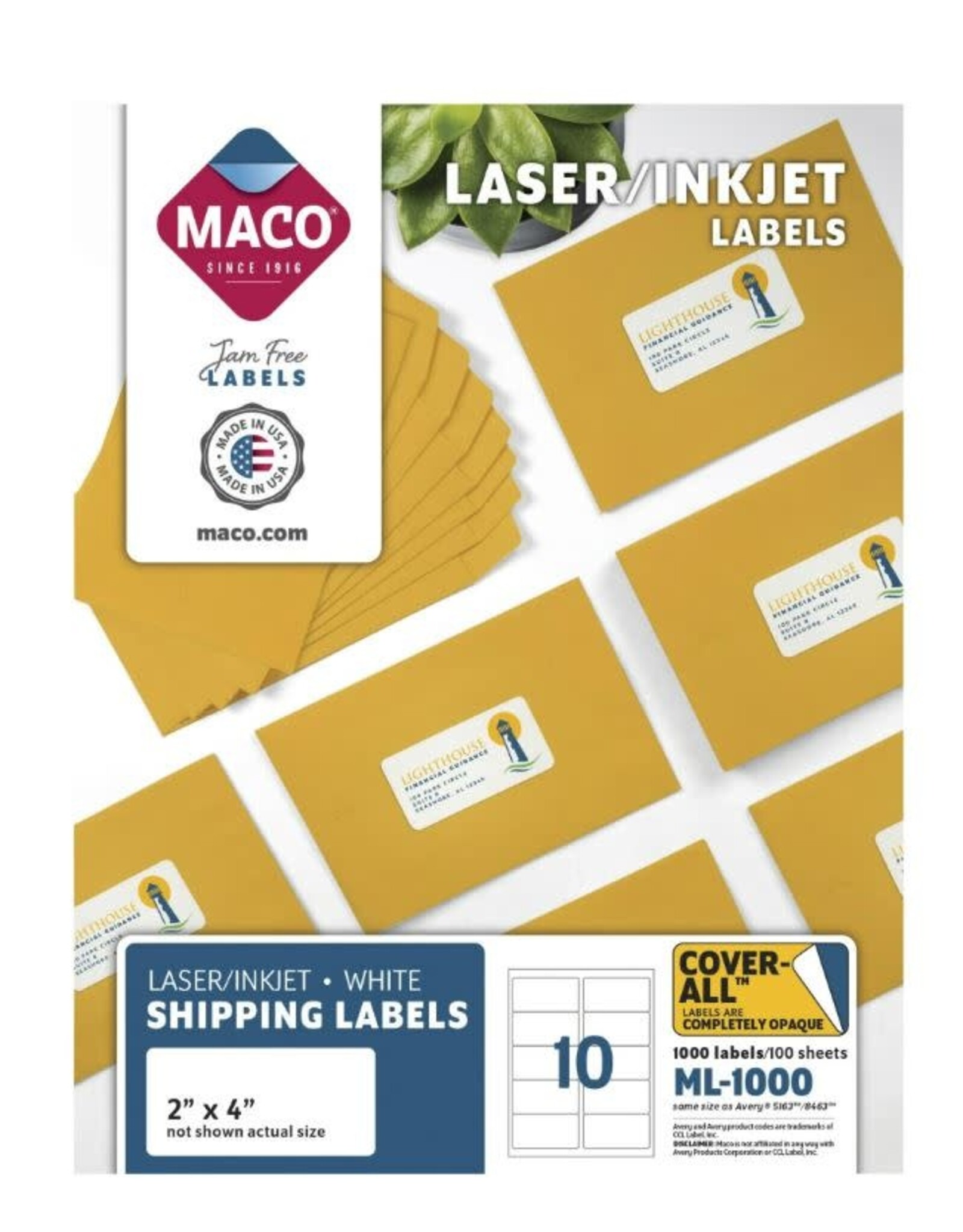 MACO WHITE MAILING LABELS - 10 PER SHEET 2"x4" 100 sheets