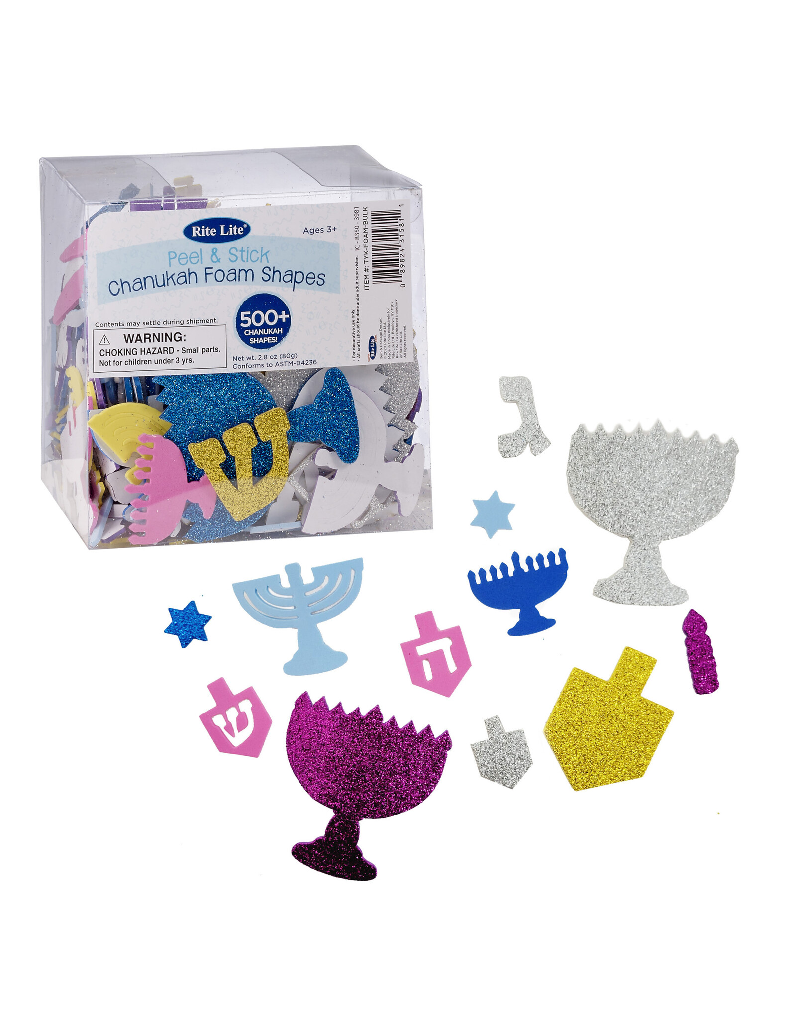 ASSORTED CHANUKAH FOAM GLITTER SHAPES SELF ADHESIVE - 500 PACK