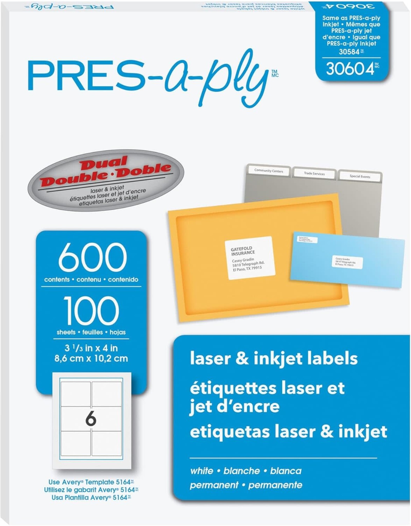 MAILING LABELS - 6 PER SHEET - WHITE 100 SHEETS
