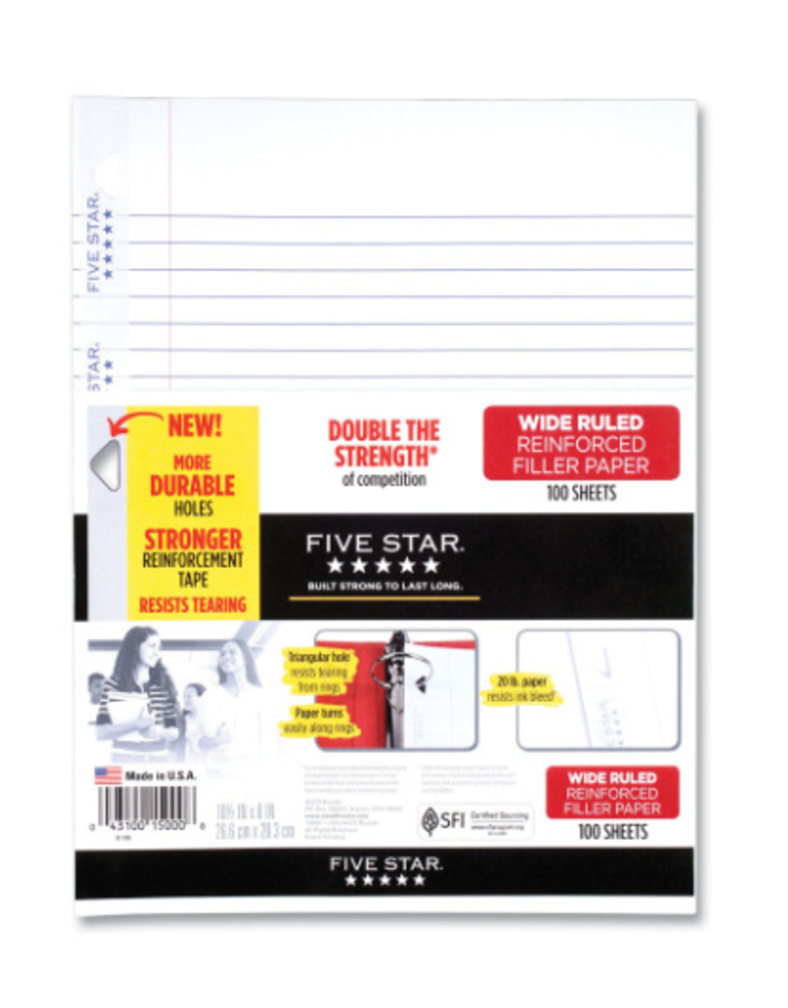 FIVE STAR REINFORCED FILLER PAPER WIDE RULED 10.5"X8" - 100 PACK