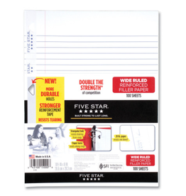 FIVE STAR REINFORCED FILLER PAPER WIDE RULED 10.5"X8" - 100 PACK