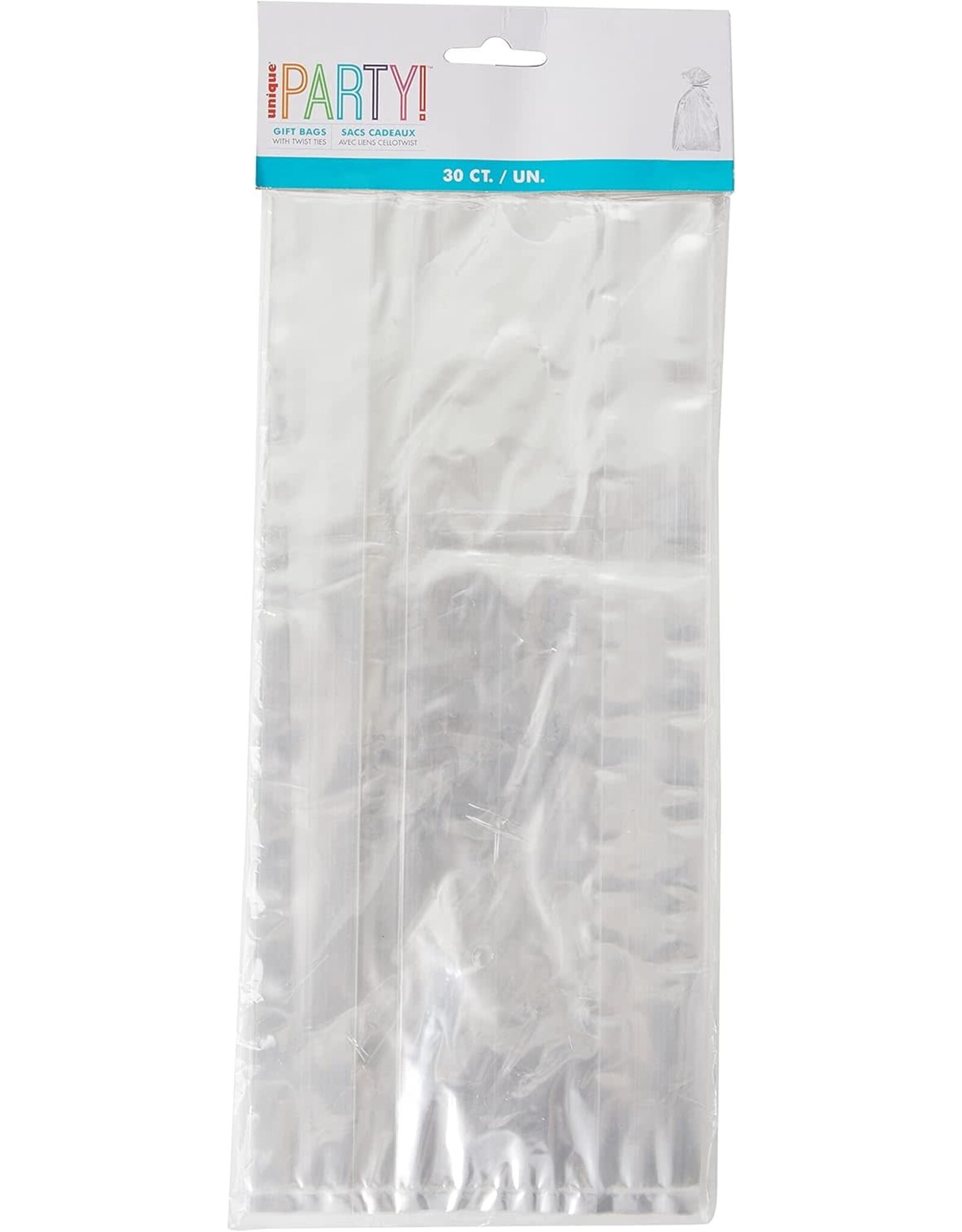 Unique CELLOPHANE PARTY BAGS: CLEAR WITH TWIST TIES 11.5"X5" - 30 PACK