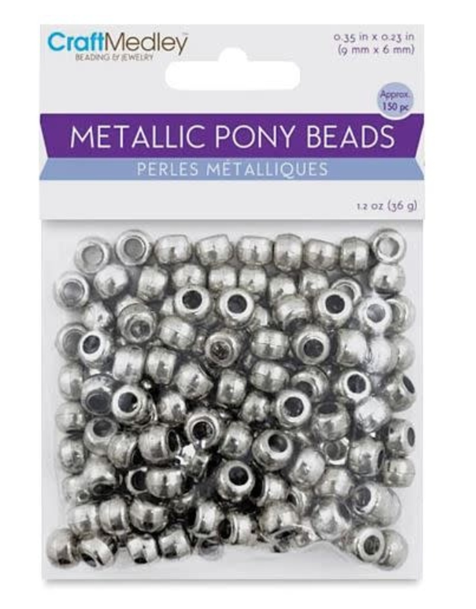 PONY BEADS: METALLIC SILVER 6mmX9mm 150 PACK