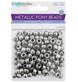 PONY BEADS: METALLIC SILVER 6mmX9mm 150 PACK