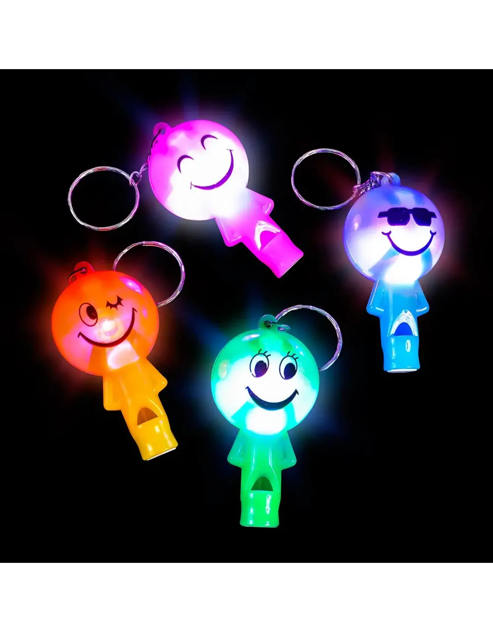 SMILE FACE LIGHT UP KEY CHAIN WHISTLE - 12 PACK
