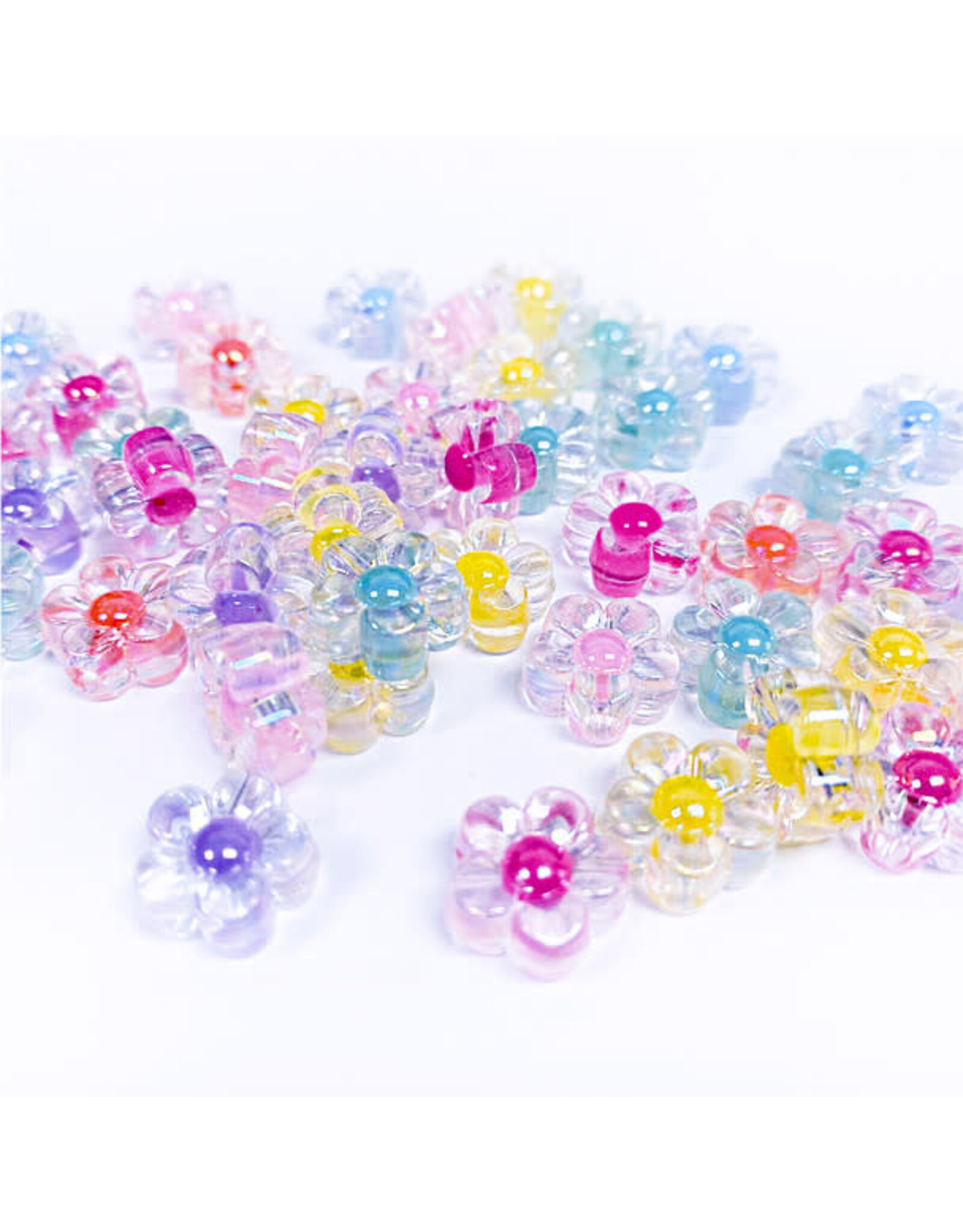 ACRYLIC FLOWER BEADS CLEAR WITH COLORED CENTER 6MM 25 GRAMS
