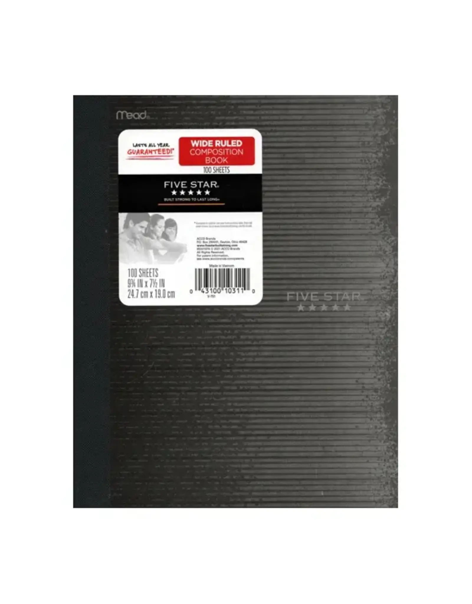 FIVE STAR COMPOSITION NOTEBOOK - 9 3/4"X7 1/2" WIDE RULED 100 SHEETS, WITH PLASTIC COVER ASSORTED COLORS