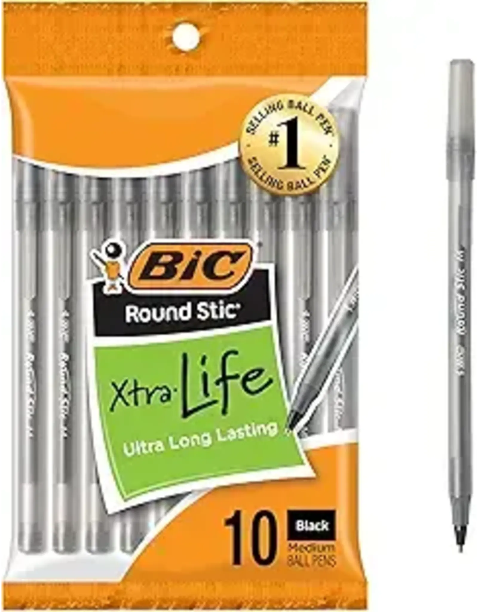 BIC PENS  BLACK  ROUND STICK - 10 PACK
