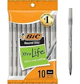 BIC PENS  BLACK  ROUND STICK - 10 PACK