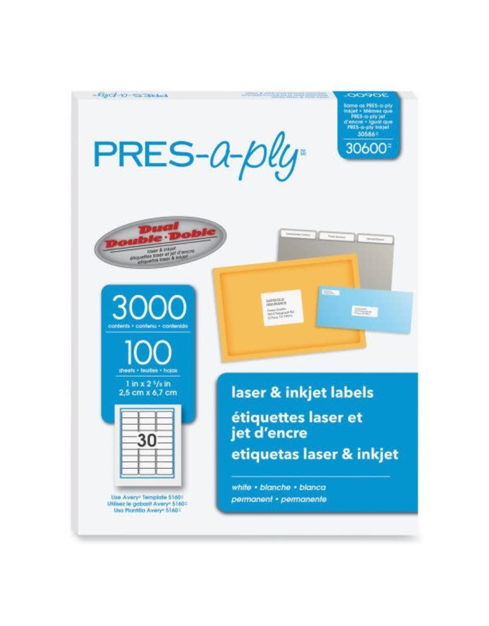 WHITE MAILING LABEL 30 PER SHEET 100 sheets