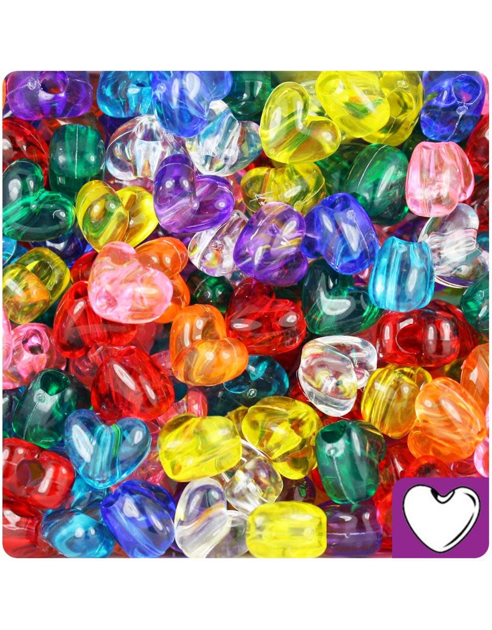 PONY BEADS:  HEART'S  12MMX10MM ASSORTED TRANSPARENT COLORS  - 450 PACK