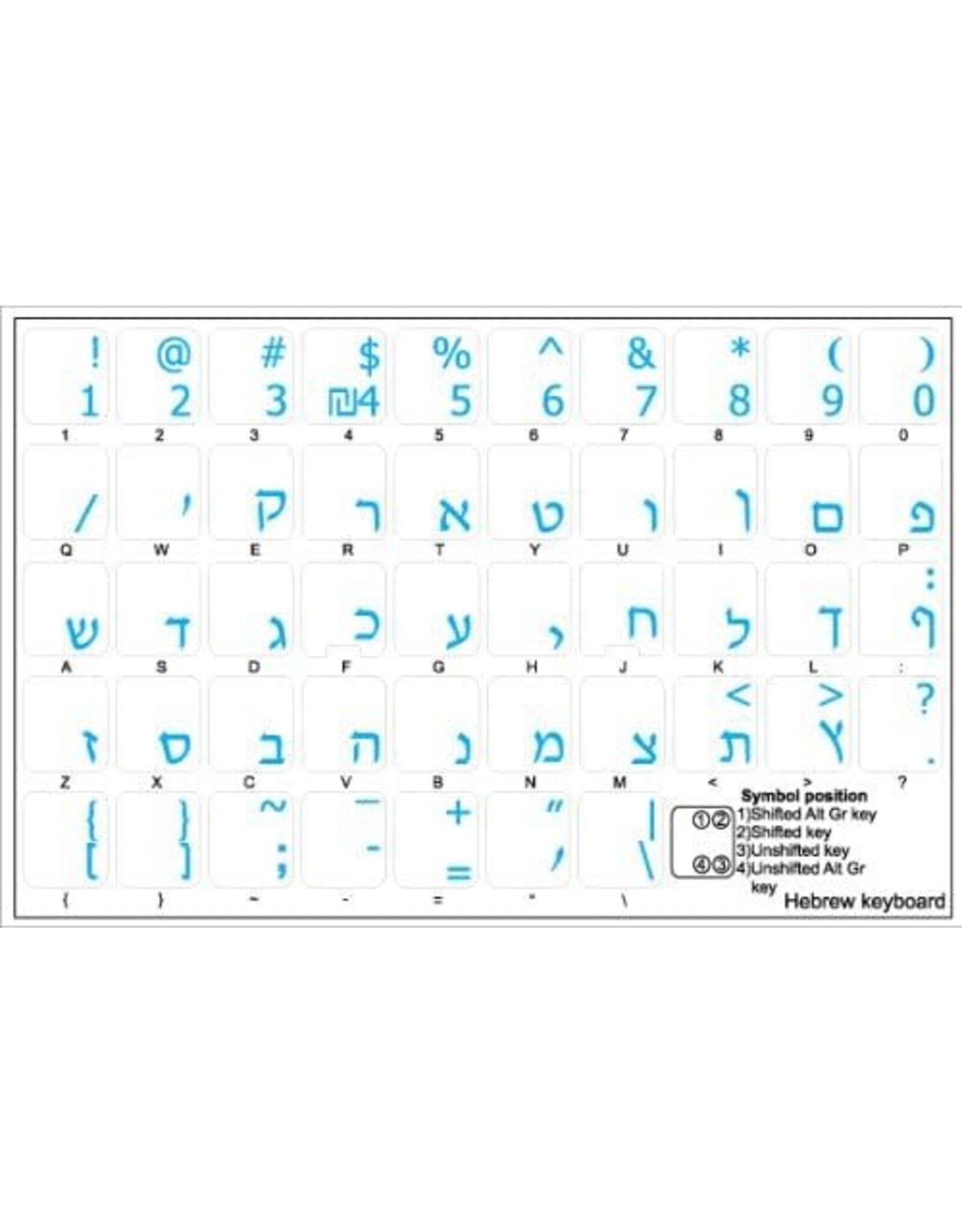 STICKERS: HEBREW  KEYBOARD BLUE ON CLEAR