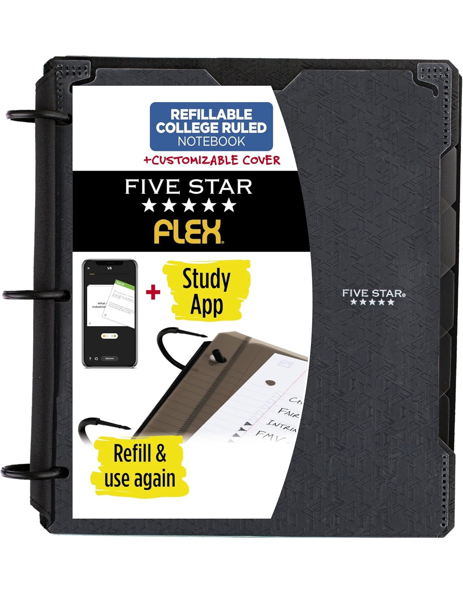FIVE STAR 1" FLEX REFILLABLE NOTEBOOK WITH CUSTOM COVER, POCKETS,DIVIDERS, & PAPER- BLACK