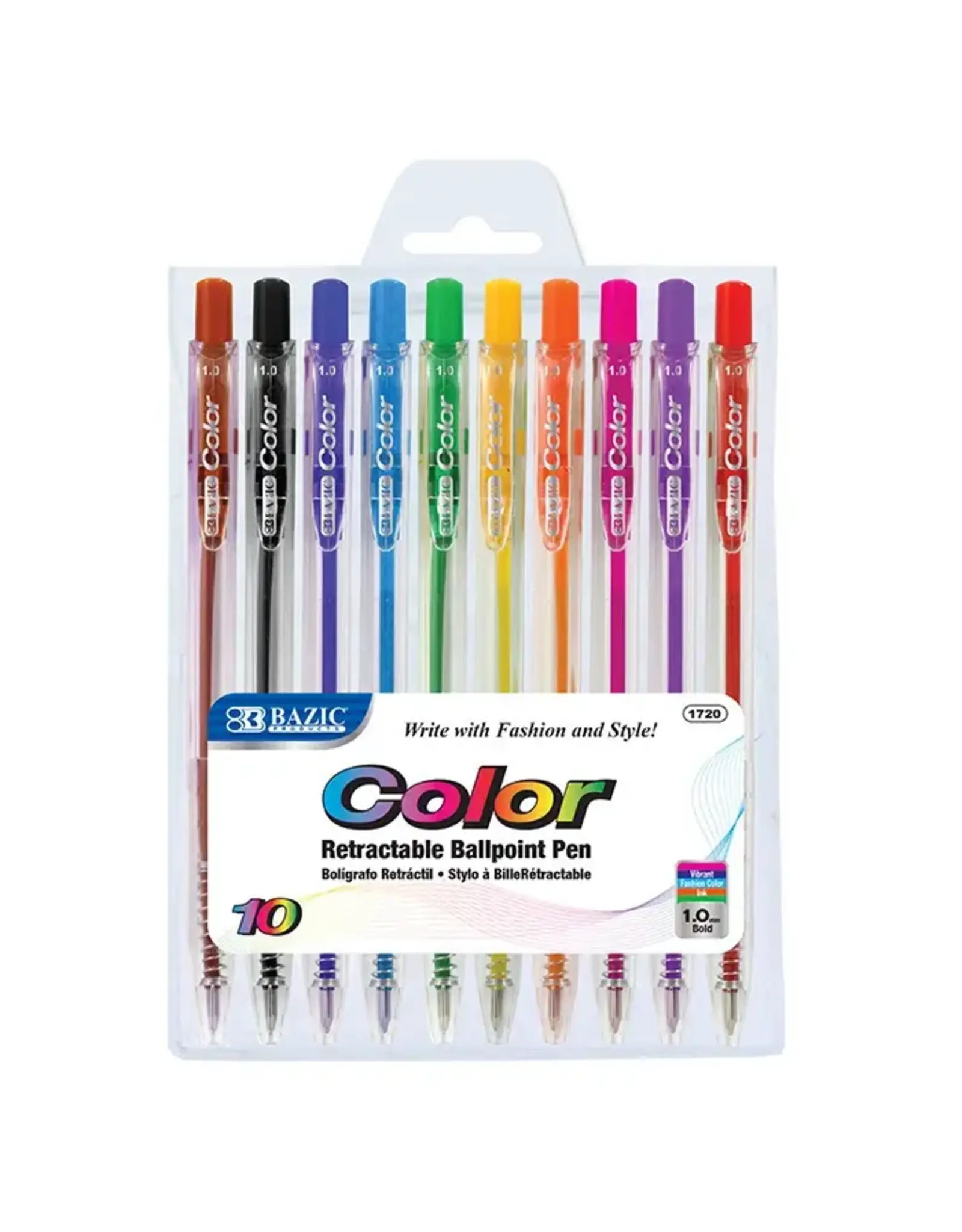 BALLPOINT RETRACTABLE PEN SET:  ASSORTED  COLORS - 10 PACK