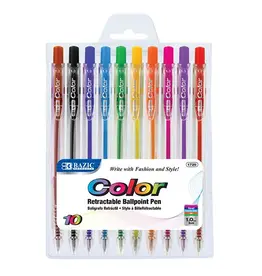 BALLPOINT RETRACTABLE PEN SET:  ASSORTED  COLORS - 10 PACK