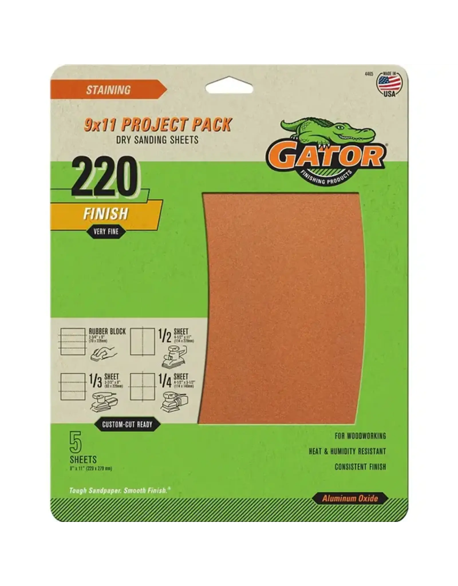 GATOR SANDPAPER - 11"X9" 220 GRIT - 5 PACK