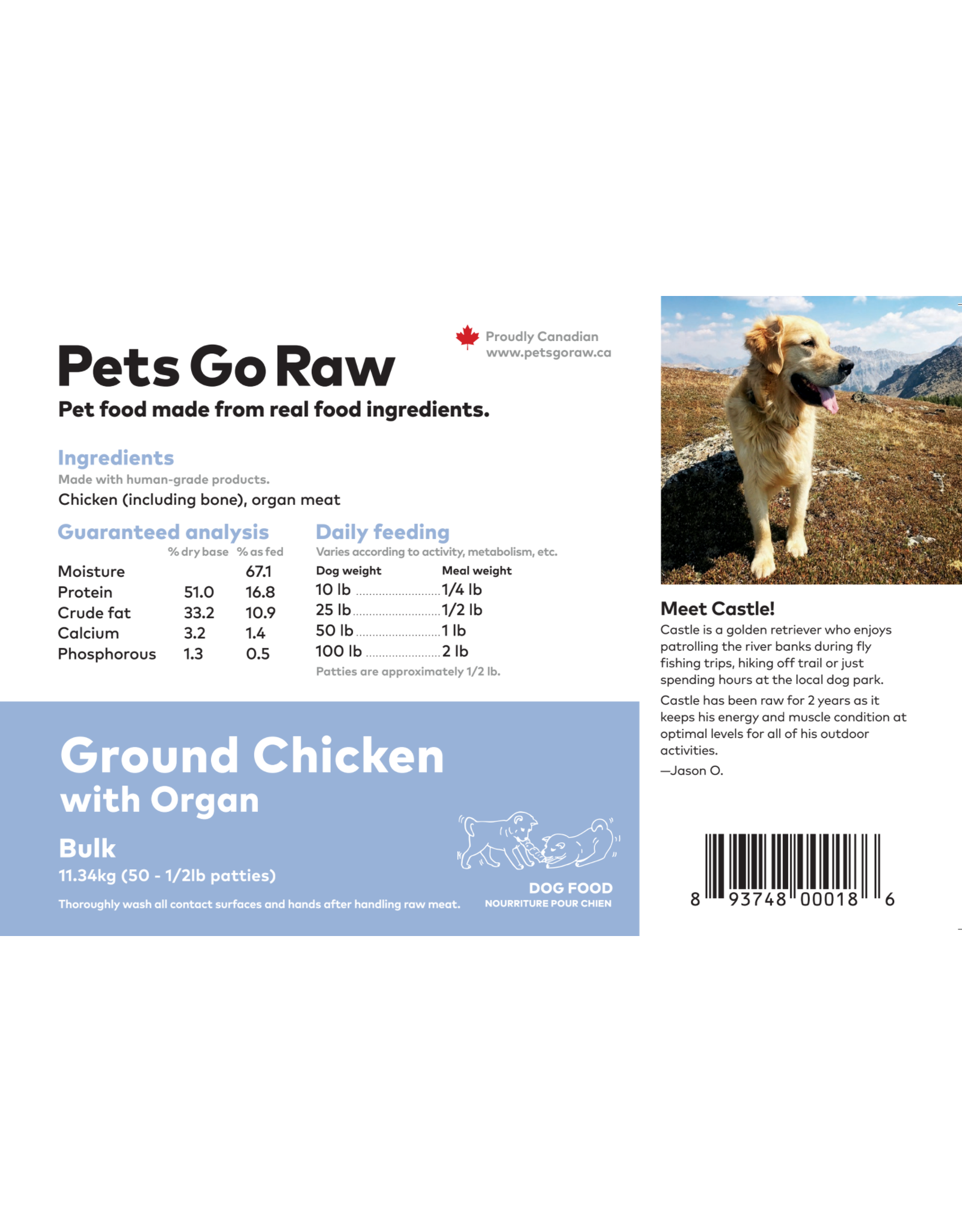 Pets Go Raw Ground Chicken with Organ Meat 25lb box (appox 50 patties)