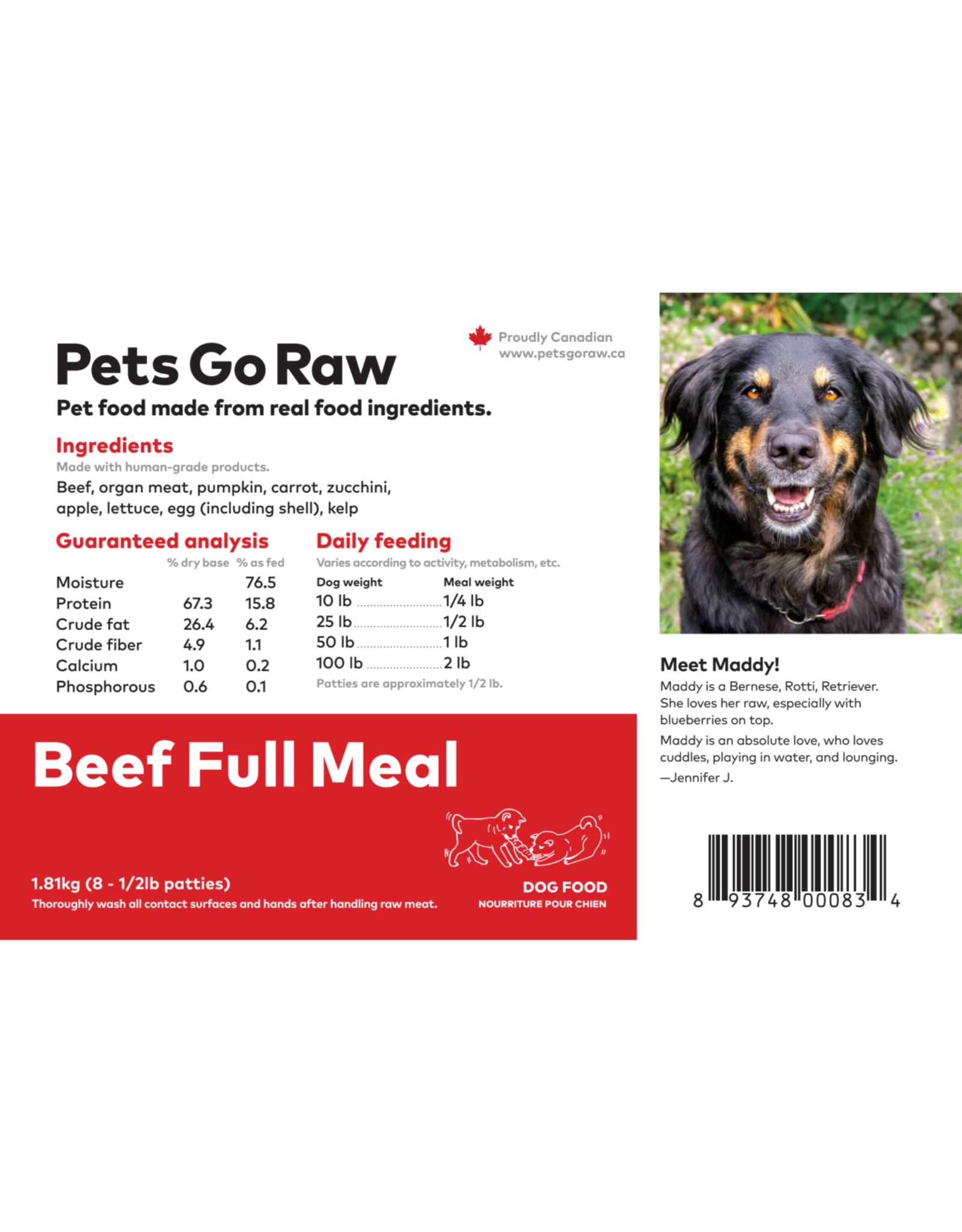 Pets Go Raw Beef Full Meal 8 x 1/2lb Patties