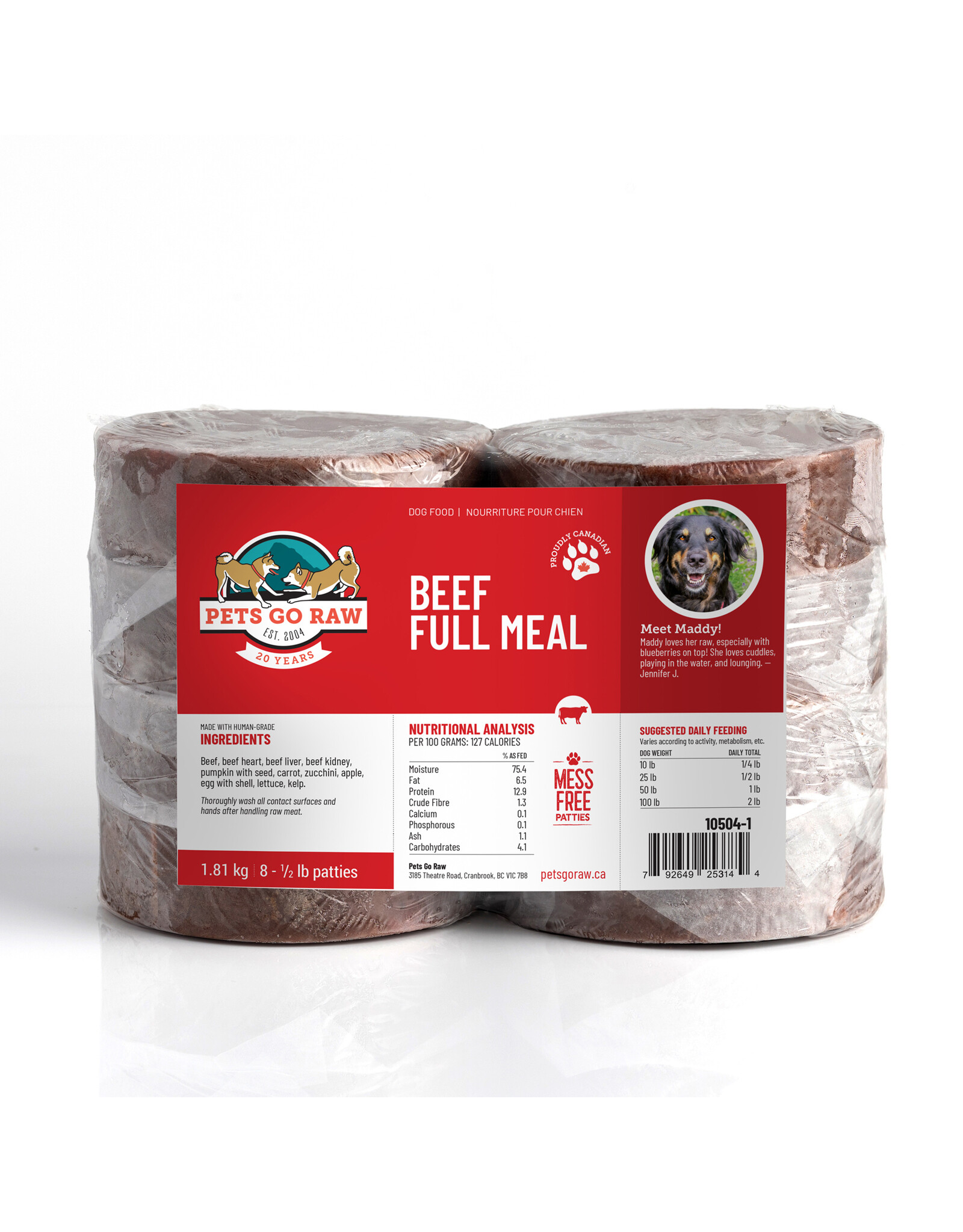 Pets Go Raw Beef Full Meal 8 x 1/2lb Patties